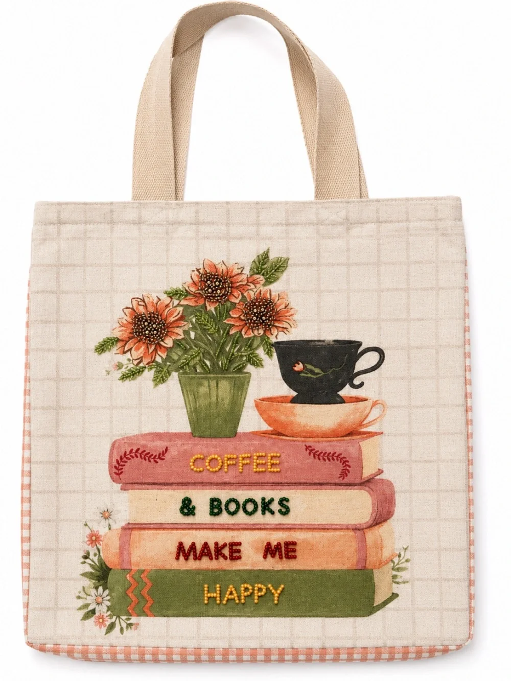 Canvas Tote Bag with Coffee & Books Beaded Print - Cream/Tan